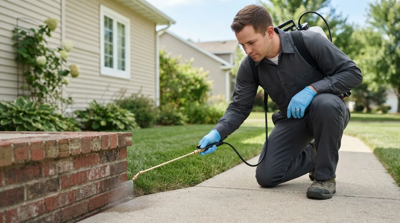 Pest control technician treating a home near Goodridge, MN